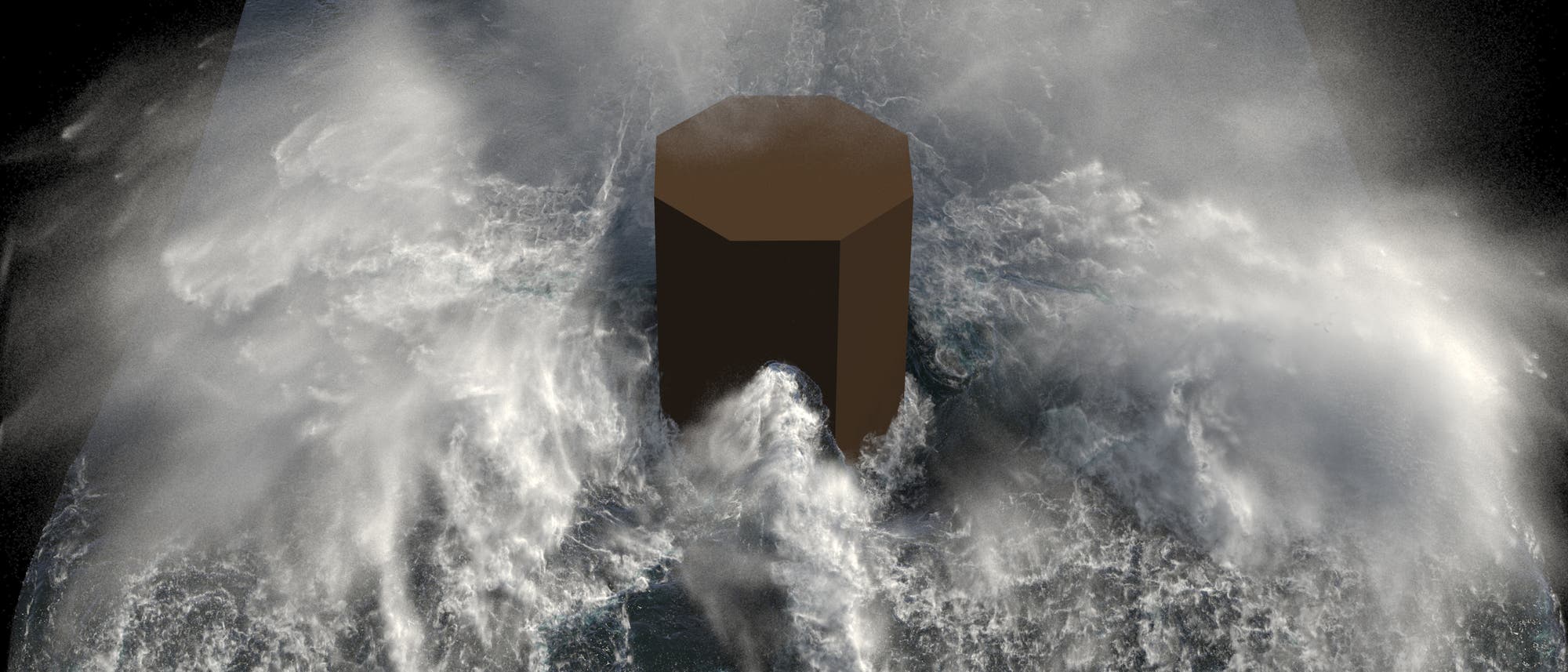 Eine 3-D-Darstellung zeigt eine große, braune, digital erzeugte Struktur, die von aufgewühltem Wasser umgeben ist. Wellen brechen gegen die Struktur, wobei Gischt und Schaum sichtbar sind.