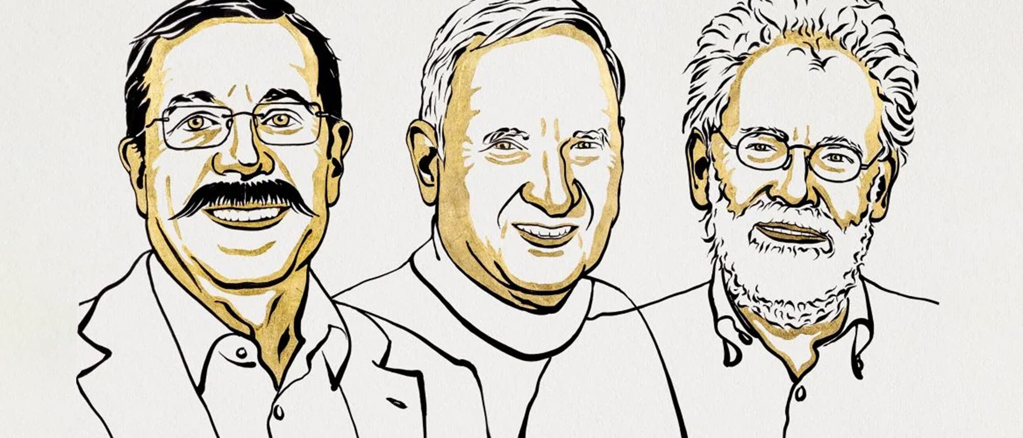 Illustrationen zeigen die Physik-Nobelpreisträger 2022: Alain Aspect (l), John Clauser (m) und Anton Zeilinger (r).