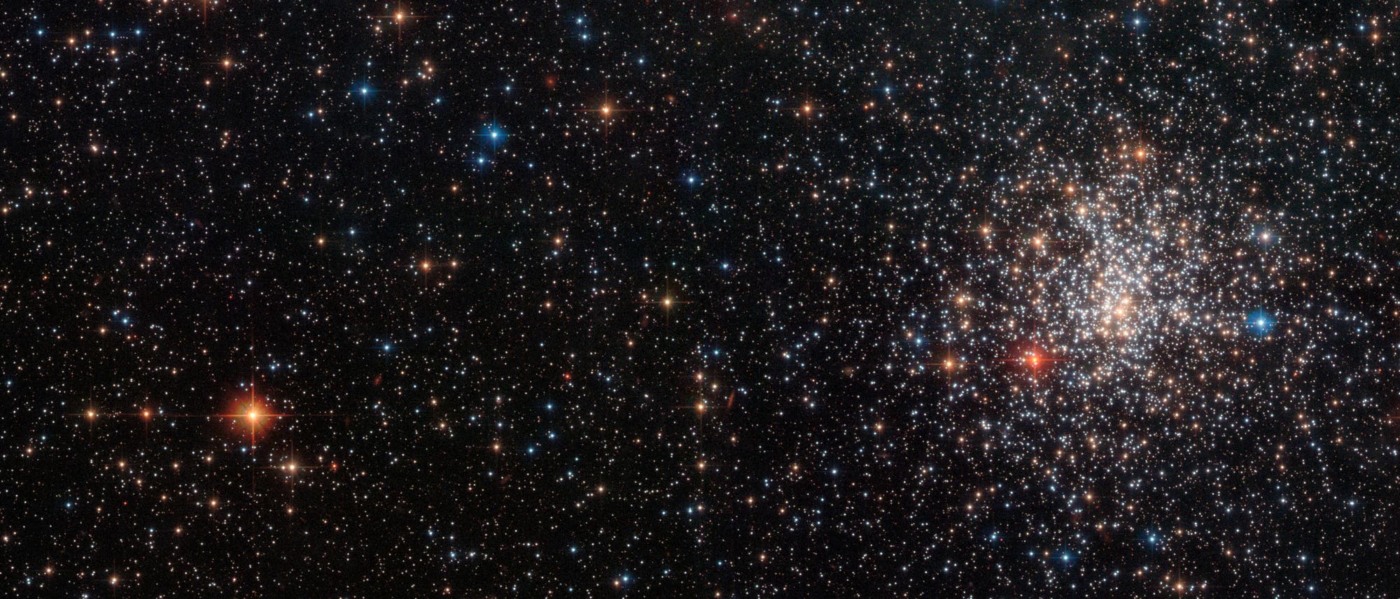 Der Kugelsternhaufen NGC 2108, in einer Aufnahme des Hubble Weltraumteleskops, mit einem auffälligen, tiefrot leuchtenden Stern links unten im Kugelsternhaufen. Dabei handelt es sich um einen Kohlenstoffstern.