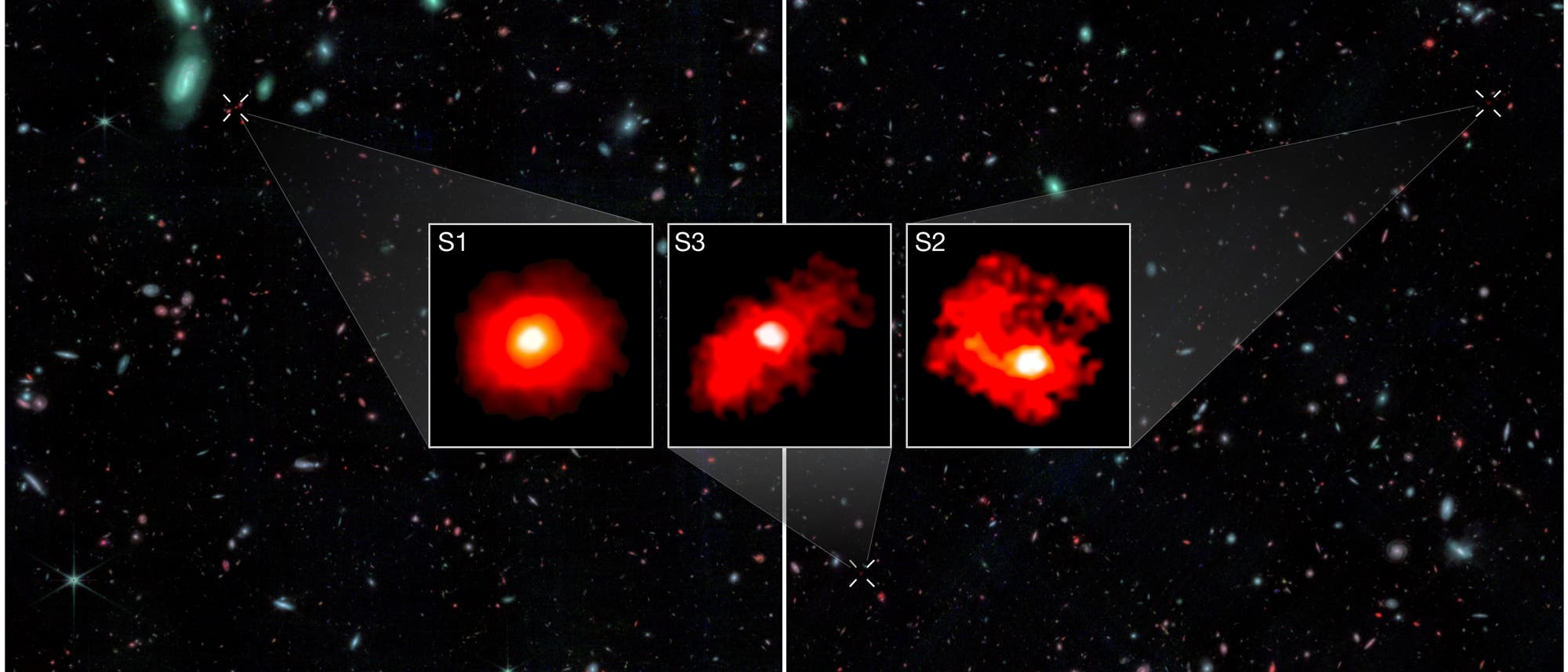 Rote-Monster-Galaxien im jungen Universum, drei Flecken, aufgenommen mit dem James Webb Space Telescope.