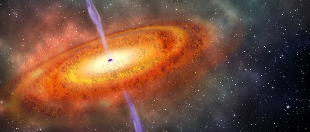 Die Energiequelle eines Quasars ist ein ex­trem massereiches Schwarzes Loch, das von einer Akkretionsscheibe aus heißer Materie umgeben ist, von der senkrecht in entgegengesetzte Richtungen zwei Jets entspringen (künstlerische Darstellung).