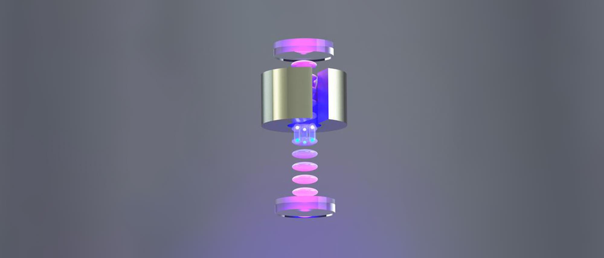 Schematische Darstellung des Gitter-Atominterferometrie-Versuchs zur Bestimmung der Gravitationskonstanten