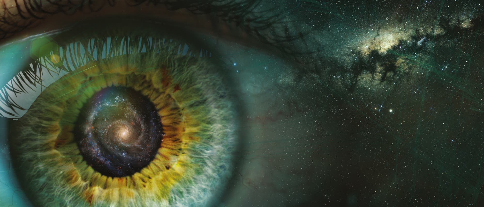 Ein k&uuml;nstlerisches Bild zeigt ein menschliches Auge, dessen Iris eine Spiralgalaxie darstellt. Die Farben der Iris sind lebendig und vielf&auml;ltig, mit Gr&uuml;n- und Gelbt&ouml;nen, die in die Galaxie &uuml;bergehen. Der Hintergrund zeigt einen Sternenhimmel, der die Verbindung zwischen Mensch und Universum symbolisiert.
