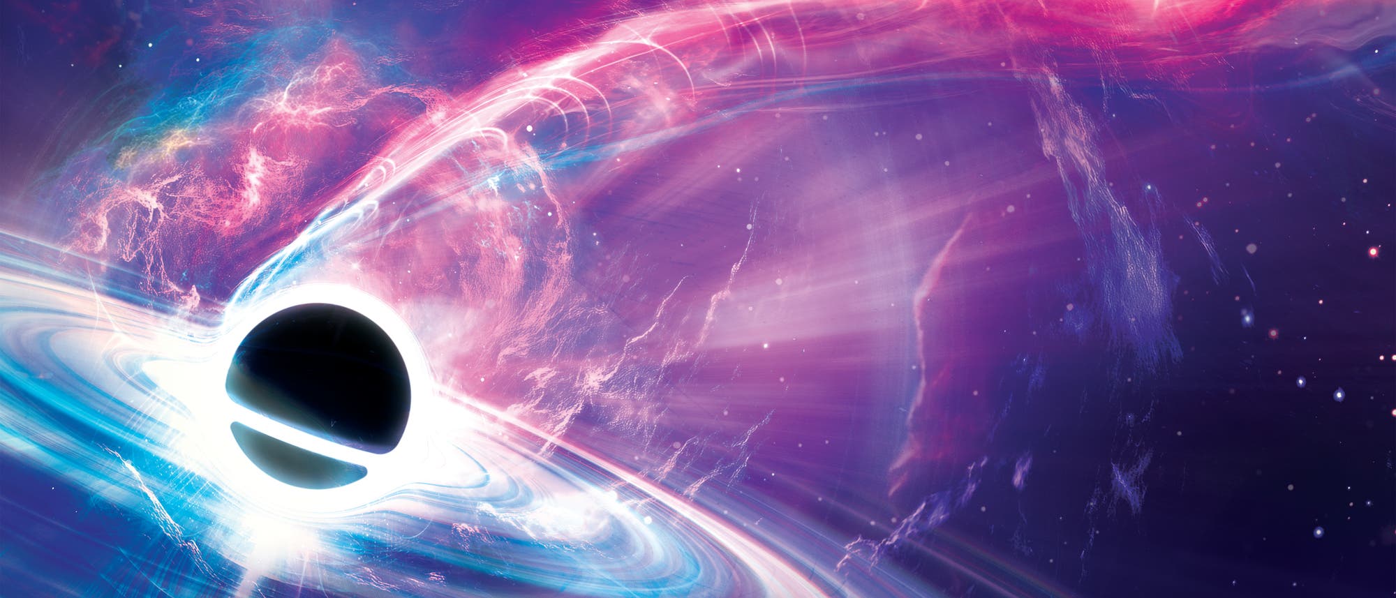 Eine künstlerische Darstellung eines schwarzen Lochs im Weltraum. Das Bild zeigt ein schwarzes Loch in der Mitte, umgeben von leuchtenden, spiralförmigen Akkretionsscheiben in Blau- und Violetttönen. Ein heller Lichtstrahl erstreckt sich von der rechten Seite des schwarzen Lochs in den Weltraum. Im Hintergrund sind Sterne und kosmische Nebel zu sehen, die eine dynamische und farbenfrohe Weltraumszene schaffen.