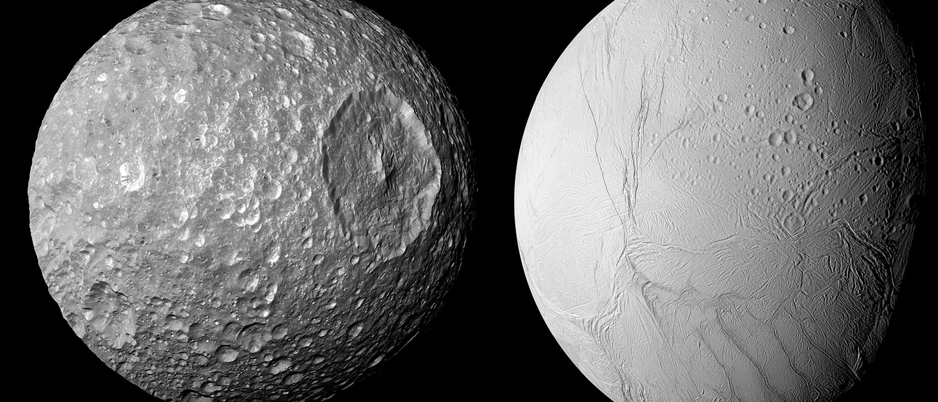 Saturnmonde Mimas (links) und Enceladus