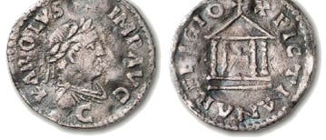 Karolingischer Silberdenar, Vorder- und Rückseite