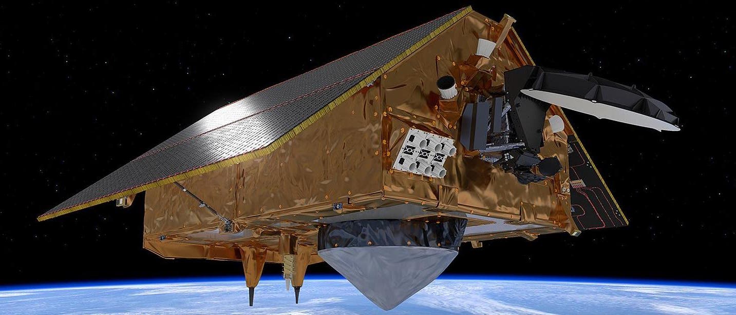 Die Computeranimation zeigt Satellit »Sentinel 6« im Orbit.