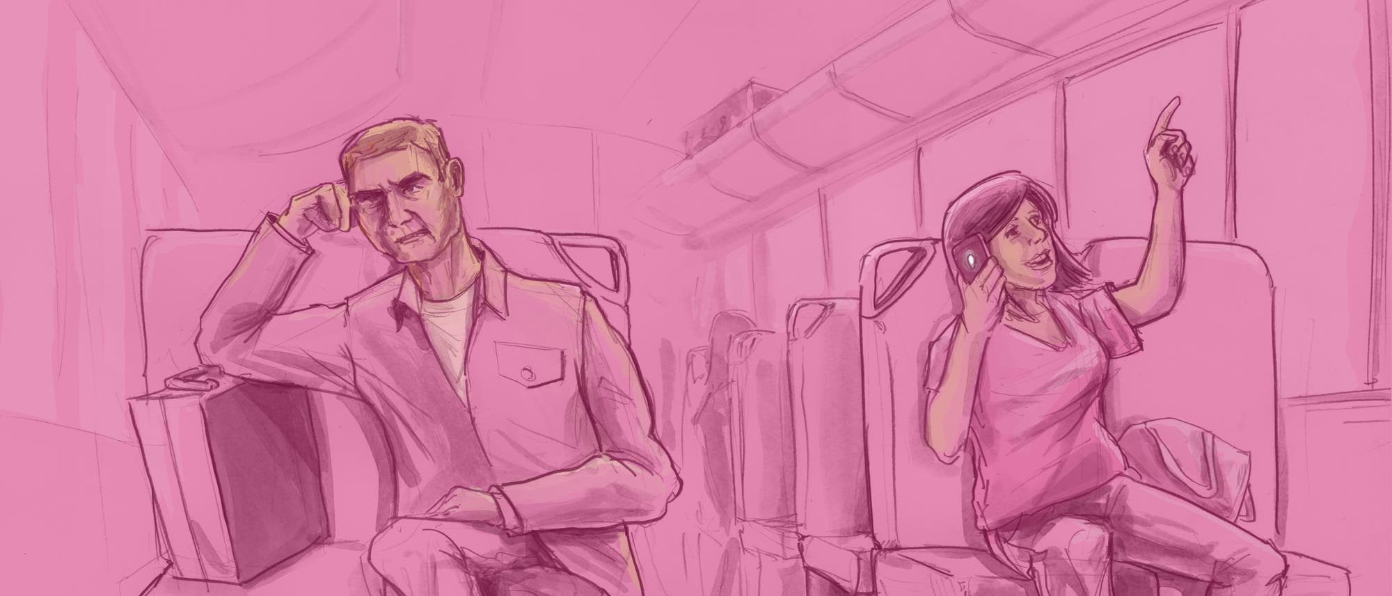 Illustration von Reisenden in der Bahn: Eine Frau telefoniert fröhlich, ein Mann guckt genervt