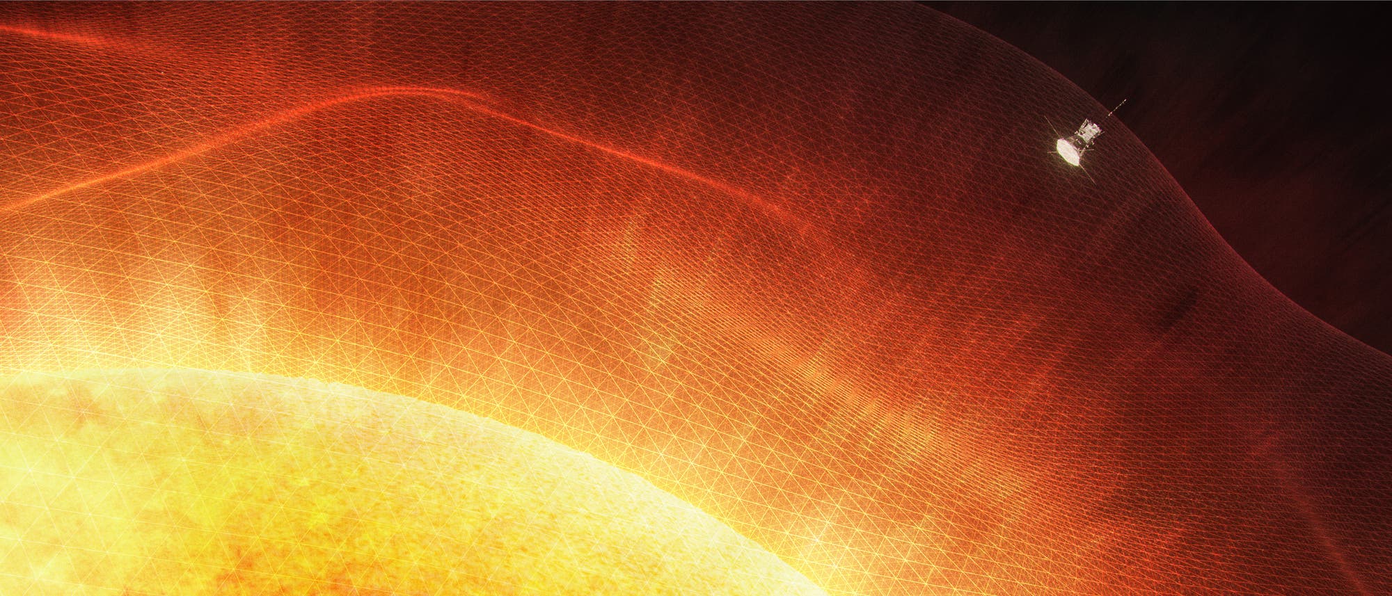 Künstlerische Darstellung: Die Parker Solar Probe fliegt durch die Korona der Sonne. 