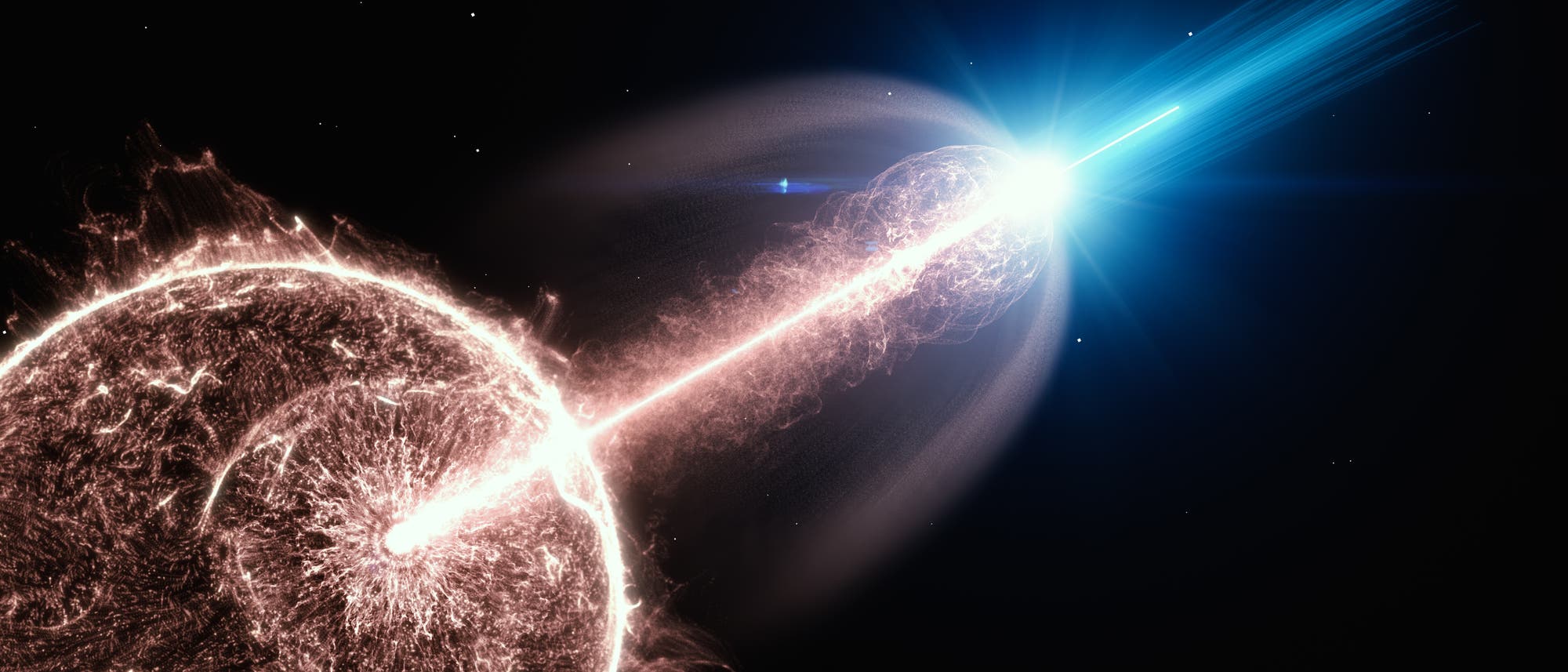 Immer mal wieder ereignen sich im Universum massive Explosionen, die zu Gammablitzen führen können. (künstlerische Darstellung)