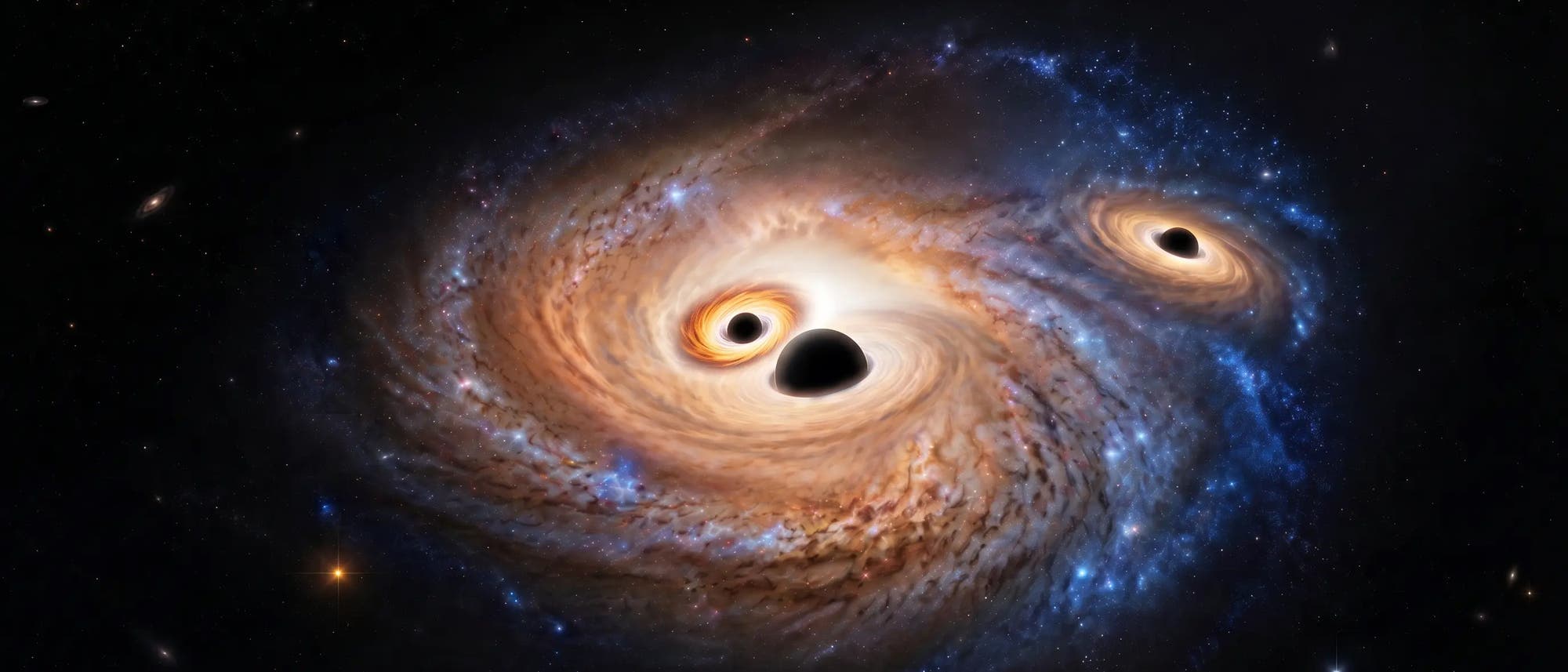 Künstlerische Darstellung dreier Schwarzer Löcher innerhalb einer Galaxie im Weltraum. Die Abbildung zeigt zwei große dunkle Objekte, die von leuchtenden Akkretionsscheiben umgeben sind. Die Scheiben strahlen in warmen Gelb- und Orangetönen, während blaue und weiße Sterne im Hintergrund zu sehen sind. Rechts von dem Paar gibt es etwas entfernt ein drittes dunkles Objekt, das das dritte Schwarze Loch symbolisiert. Die Szene vermittelt die Dynamik und Intensität der kosmischen Kollision. Künstlerische Darstellung dreier Schwarzer Löcher innerhalb einer Galaxie im Weltraum. Die Abbildung zeigt zwei große dunkle Objekte, die von leuchtenden Akkretionsscheiben umgeben sind. Die Scheiben strahlen in warmen Gelb- und Orangetönen, während blaue und weiße Sterne im Hintergrund zu sehen sind. Rechts von dem Paar gibt es etwas entfernt ein drittes dunkles Objekt, das das dritte Schwarze Loch symbolisiert. Die Szene vermittelt die Dynamik und Intensität der kosmischen Kollision.