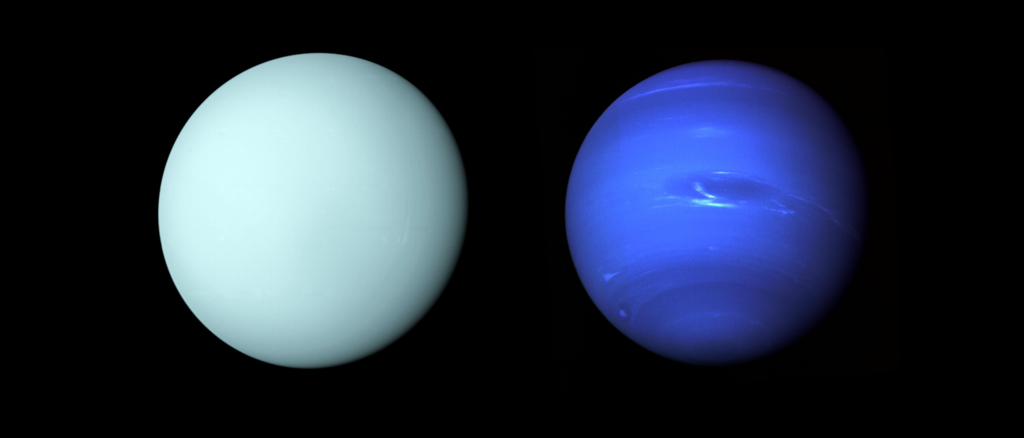 Uranus und Neptun, aufgenommen von Voyager 2.