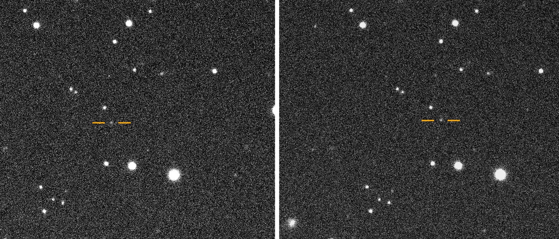 Zwei nebeneinanderliegende astronomische Aufnahmen zeigen einen Sternenhimmel mit mehreren leuchtenden Punkten, die Sterne darstellen. In beiden Bildern sind gelbe Markierungen zu sehen, die auf ein bestimmtes Objekt hinweisen. Die Bilder scheinen eine Bewegung oder Ver&auml;nderung des markierten Objekts im Weltraum zu dokumentieren. Der Hintergrund ist k&ouml;rnig, was auf die Aufnahmebedingungen im Weltraum hinweist.