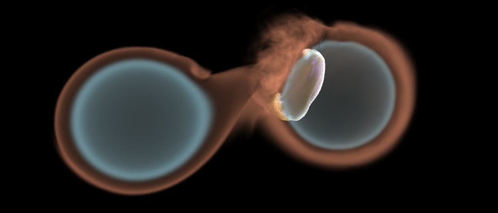 Darstellung einer astronomischen Simulation, welche die Verschmelzung zweier Wei&szlig;er Zwerge zeigt. Zwei blaue, kugelf&ouml;rmige Objekte sind von r&ouml;tlichen Gaswolken umgeben, die sich in der Mitte verbinden. Die Simulation veranschaulicht die Dynamik und Materieaustausch w&auml;hrend der Kollision und das Z&uuml;nden von Detonationen.