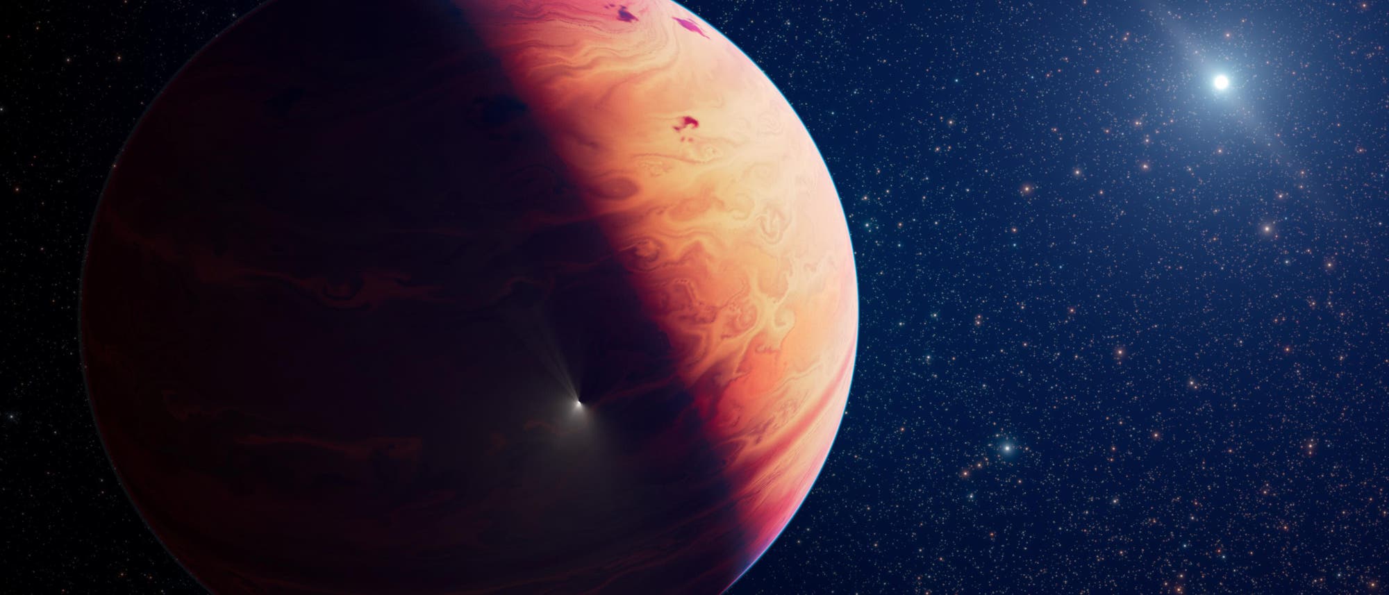 Konzeptdarstellung eines großen, gasförmigen Exoplaneten mit rötlichen und orangefarbenen Wolkenwirbeln, der im Weltraum schwebt. Der Planet ist teilweise im Schatten, während im Hintergrund zahlreiche Sterne leuchten. Ein heller Stern ist rechts im Bild sichtbar. Unten links steht der Text „Artist's Concept“. Konzeptdarstellung eines großen, gasförmigen Exoplaneten mit rötlichen und orangefarbenen Wolkenwirbeln, der im Weltraum schwebt. Der Planet ist teilweise im Schatten, während im Hintergrund zahlreiche Sterne leuchten. Ein heller Stern ist rechts im Bild sichtbar. Unten links steht der Text „Artist's Concept“.