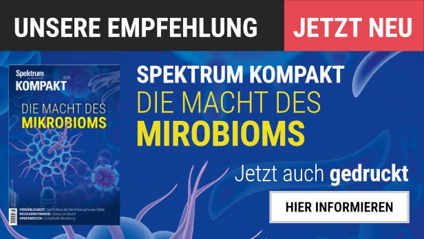 Empfehlung für das Magazin "Spektrum Kompakt" mit dem Titel "Die Macht des Mikrobioms". Das Cover zeigt eine wissenschaftliche Illustration von Mikroorganismen. Oben links steht "Unsere Empfehlung", und oben rechts "Jetzt neu". Unten rechts befindet sich ein Button mit der Aufschrift "Hier informieren". Der Text hebt hervor, dass das Magazin jetzt auch gedruckt erhältlich ist. Der Hintergrund ist in Blautönen gehalten, was eine wissenschaftliche und moderne Atmosphäre vermittelt.
