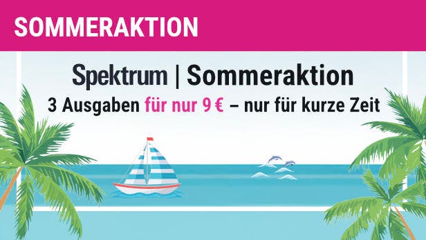 Grafik mit dem Text "SOMMERAKTION" oben in einem pinken Balken. Darunter steht "Spektrum | Sommeraktion" gefolgt von "3 Ausgaben für nur 9 € – nur für kurze Zeit". Im Hintergrund sind ein Segelboot auf dem Meer und Palmen an den Seiten zu sehen. Die Grafik bewirbt ein zeitlich begrenztes Angebot für ein Magazin.