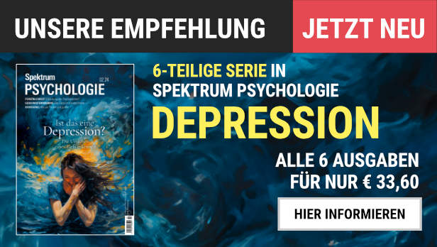 Unsere Empfehlung: Sechsteilige Serie in Spektrum Psychologie zum Thema Depression. Alle sechs Ausgaben für nur EUR 33,60. Jetzt informieren. Abbildung der Ausgabe Spektrum Psychologie 2/2024 mit dem Titelthema "Ist das eine Depression?"