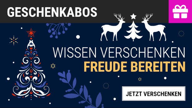 Eine festliche Grafik mit dem Text "GESCHENKABOS" oben und "WISSEN VERSCHENKEN, FREUDE BEREITEN" in der Mitte. Links ist ein stilisierter Weihnachtsbaum mit dekorativen Mustern, rechts zwei weiße Rentiere und ein Weihnachtsbaum. Schneeflocken und Zweige sind im Hintergrund verteilt. Unten rechts befindet sich ein Button mit der Aufschrift "JETZT VERSCHENKEN". Oben rechts ist ein pinkes Geschenk-Symbol.