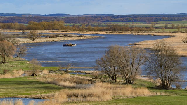 Auenlandschaft mit einem breiten, ruhigen Fluss, der sich durch eine grüne und mit Schilf bewachsene Landschaft schlängelt. Ein kleines Schiff befindet sich in der Mitte des Flusses. Im Hintergrund sind sanfte Hügel und blauer Himmel mit vereinzelten Wolken zu sehen.
