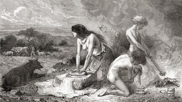 Eine Frau backt Brot, ihre Kinder helfen, und der Mann hütet das Vieh. Die Vorstellung vom Leben im Neolithikum erschien in dem Buch »L'Homme Primitif« aus dem Jahr 1870.