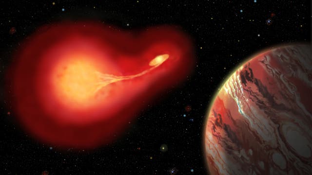 Sterbender Doppelstern tauscht Material mit seinem Begleiter aus, im Vordergrund Planet