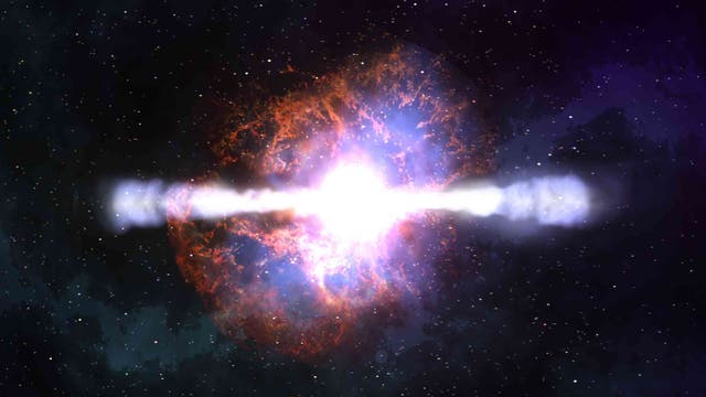 Bei einer Hypernova schleudert ein explodierender massereicher Stern Material nach außen.