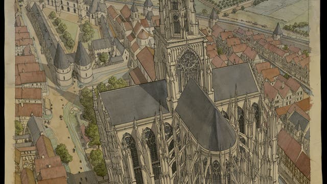 Eine detaillierte Zeichnung einer gotischen Kathedrale mit einem hohen Turm, umgeben von mittelalterlichen Gebäuden und einer Stadtlandschaft. Die Architektur zeigt filigrane Verzierungen und große Fenster. Im Hintergrund erstrecken sich Felder und Wälder. Menschen sind als kleine Figuren in den Straßen zu sehen. Die Szene vermittelt ein historisches Stadtbild.