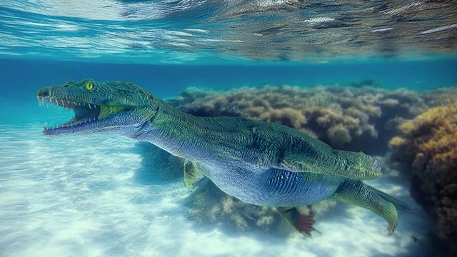Eine 3-D-Darstellung eines prähistorischen Meeresreptils, das unter Wasser schwimmt. Das Reptil hat einen langen, schlanken Körper mit einem großen Maul voller scharfer Zähne. Die Umgebung zeigt klares, blaues Wasser und Korallen im Hintergrund. Die Szene vermittelt ein lebendiges Bild von der Unterwasserwelt der Urzeit.
