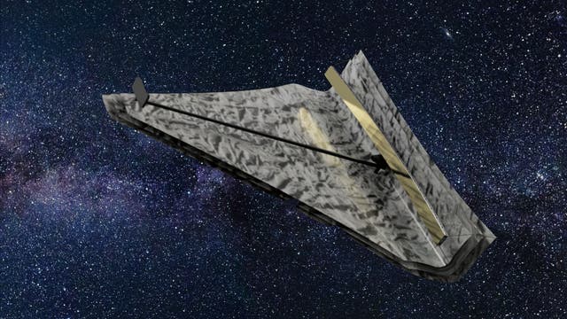 Eine Illustration eines Weltraumteleskops vor einem sternenreichen Nachthimmel. Das Teleskop hat eine komplexe, reflektierende Struktur mit goldenen und silbernen Elementen. Im Hintergrund ist die Milchstraße sichtbar, was die Weite des Universums betont. Das Bild vermittelt den Eindruck von technologischer Innovation und astronomischer Erkundung.