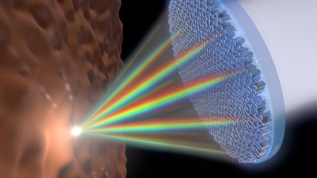 Ein nanostrukturiertes Plättchen bündelt alle Farben aus dem Spektrum  des weißen Lichts auf einen Punkt. Das soll etwa Untersuchungen an Gewebe erleichtern, wie in dieser Illustration.