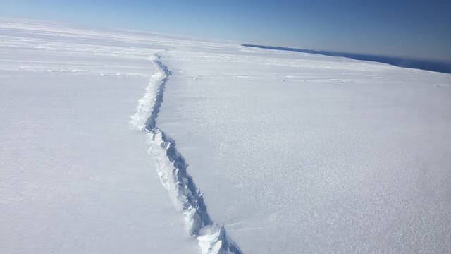 Eine tiefe Spalte zieht sich durch eine ausgedehnte, weiße Eisfläche des Pine-Island-Schelfeises, der Himmel ist blau, rechts im Hintergrund sieht man das blaue Meer.