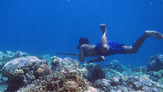 Bajau-Taucher jagt unter Wasser Fische