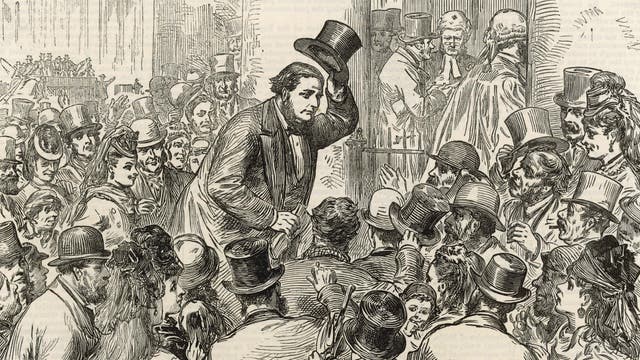 Ankunft des Anspruchstellers Arthur Orton im Gerichtssaal, um 1870.