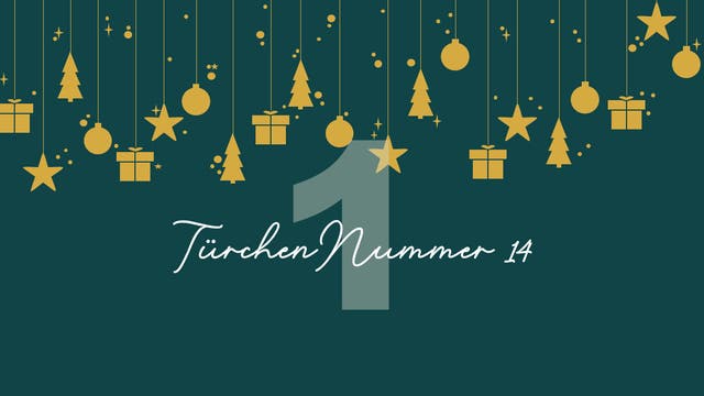Ein festliches Bild mit einem dunkelgrünen Hintergrund, auf dem goldene Symbole wie Sterne, Tannenbäume, Kugeln und Geschenke von oben herabhängen. In der Mitte steht eine große, transparente Zahl "1". Darunter befindet sich der Text "Türchen Nummer 14" in eleganter, weißer Schrift. Das Bild vermittelt eine weihnachtliche Stimmung.