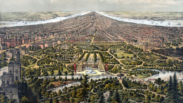 Der kolorierter Druck aus dem Jahr 1873 zeigt den Central Park auf der Insel Manhattan in New York City.