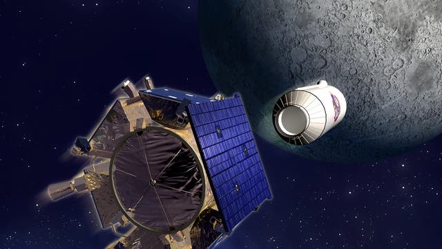 Künstlerische Darstellung der LCROSS-Raumsonde mit abgetrennter Oberstufe der Trägerrakete, die in Richtung Mond fliegt.