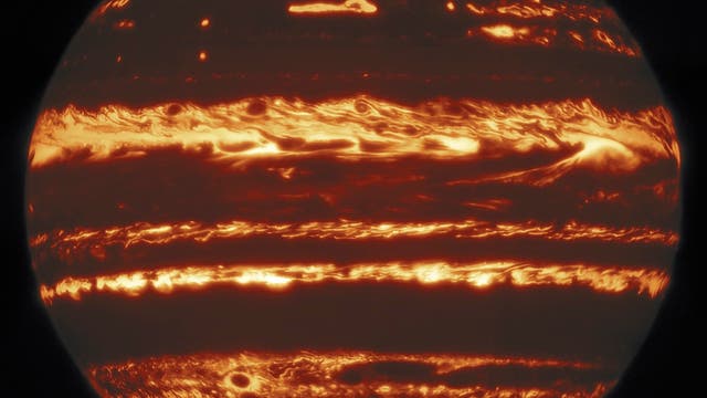 Dieses Bild zeigt die gesamte Jupiterscheibe im Infrarotlicht.