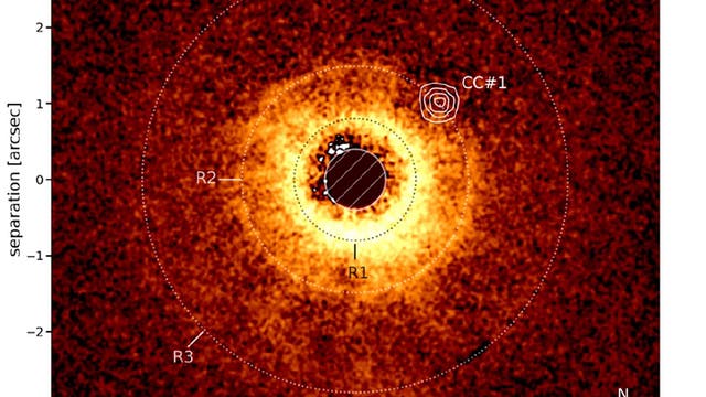 Diese Aufnahme des Very Large Telescope (VLT) der ESO zeigt die lichtschwache Umgebung des Sterns TWA 7 (Mitte, verdeckt mit einer Blende). In der Staubscheibe bilden sich Planeten. Der neue Exoplanet befindet sich im Ring R2 in einer Lücke rechts oben, die mit CC#1 markiert ist (weiße Konturlinien).