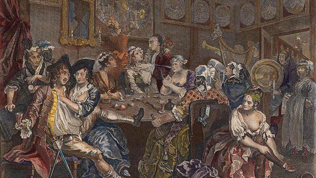 Kupferstich aus dem Zyklus »A Rake's Progress« (1733–1735) des Künstlers William Hogarth: Eine angeheiterte Gesellschaft feiert ungezügelt in einer Taverne.