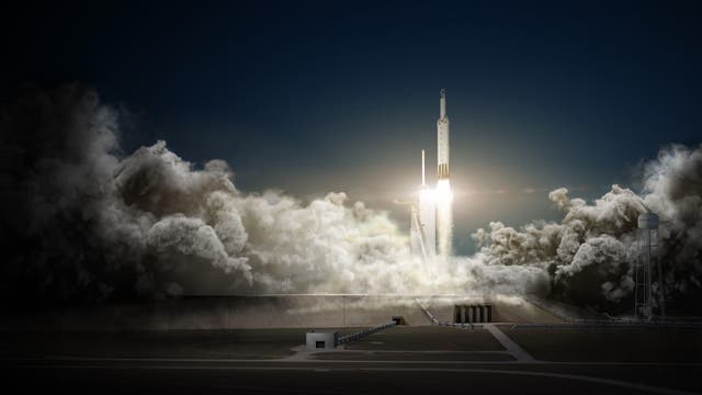 Künstlerische Darstellung vom Start der Falcon Heavy mit Dragon-Kapsel