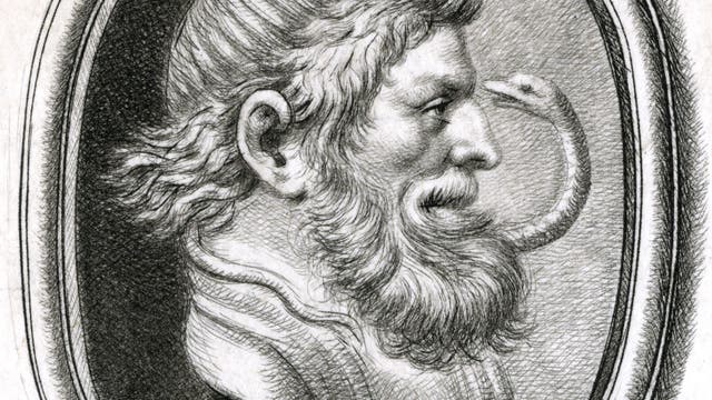 Zeichnung mit Darstellung des römischen Gotts Aesculapius mit einer Schlange um das Haupt.