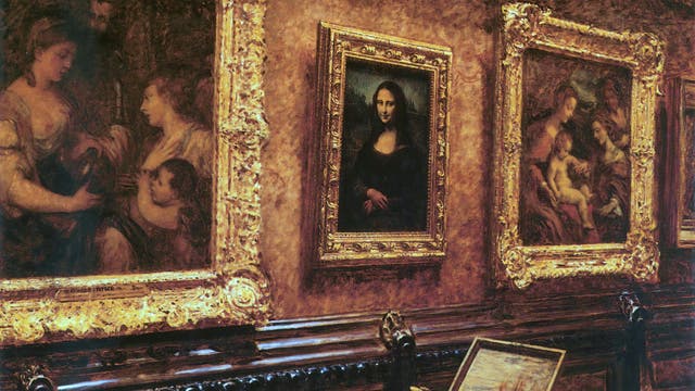 Gemälde von Louis Bérard: die Mona Lisa im Jahr 1911 in ihrer Museumsumgebung.