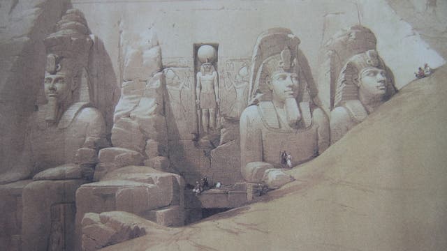 Zeichung der Monumentalstatuen vor dem Ramses-Tempel von Abu Simbel