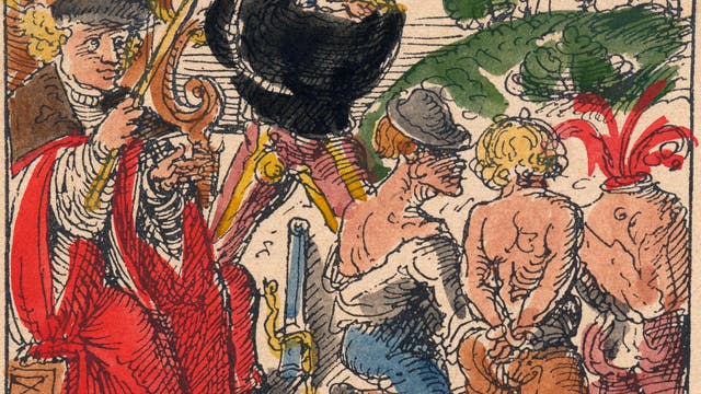 Eine mittelalterliche Illustration zeigt eine Szene der Bestrafung. Links sitzt eine Person in rotem Gewand auf einem Thron, während rechts ein Mann mit erhobenem Schwert steht, bereit zuzuschlagen. Vor ihm knien drei gefesselte Männer mit nacktem Oberkörper. Im Hintergrund sind Bäume und eine Burg zu sehen. Die Szene vermittelt eine historische Darstellung von Justiz oder Bestrafung im Mittelalter.
