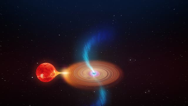 Künstlerische Darstellung eines Schwarzen Lochs, das einen Stern frisst.
