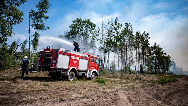 Einsatzkräfte der Feuerwehr bekämpfen in einem Waldstück nahe Jüterbog das Feuer. 
