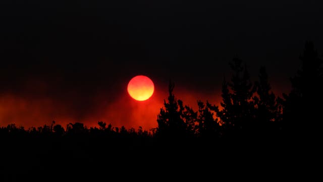Glühende Sonne an einem düsteren Himmel: Der Rauch von Waldbränden sorgt dafür, dass das Sonnenlicht tiefrot erscheint, umrandet wird sie von Schwärze