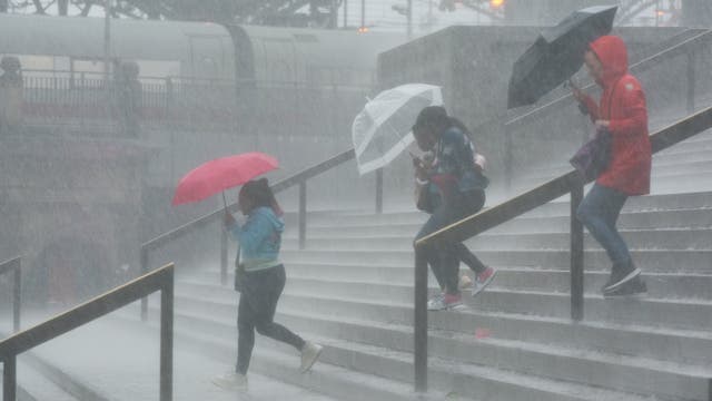 Mit Regenschirm bei heftigem Niederschlag