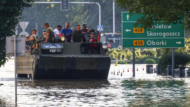 Viele Menschen stehen auf einem gepanzerten Truppentransporter der polnischen Armee: Zivilisten und Soldaten. Das Gefährt fährt durch eine überflutete Straße während des Hochwassers im September 2024. Die Straße ist überflutet, rechts ist ein grünes Verkehrsschild mit Richtungsangaben.